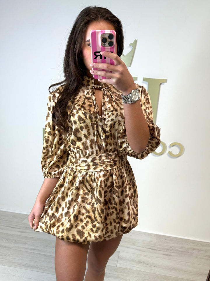 Leopard Puff Tie Front Mini Dress