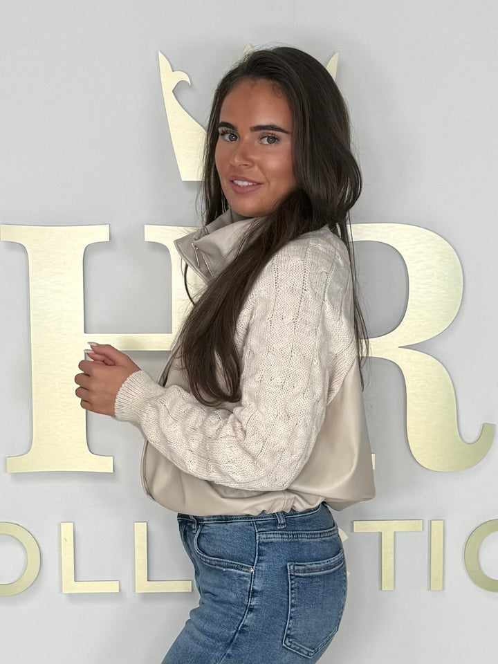 Funnel Neck Faux Leather Cable Knit Arm Jacket (2 Colours)