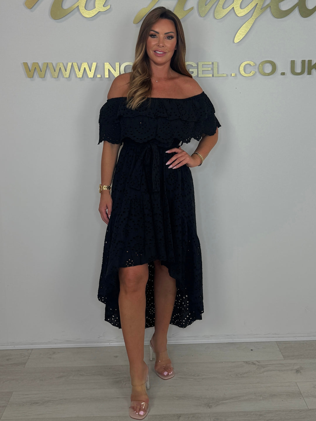 Embroidered Anglaise Laser Cut Bardot High Low Belted Dress (3 Colours)