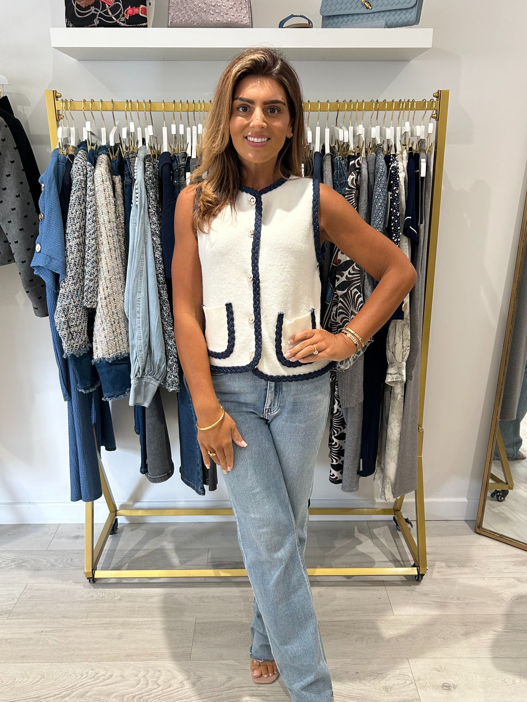 Soft Knit Denim Rope Trim Waistcoat