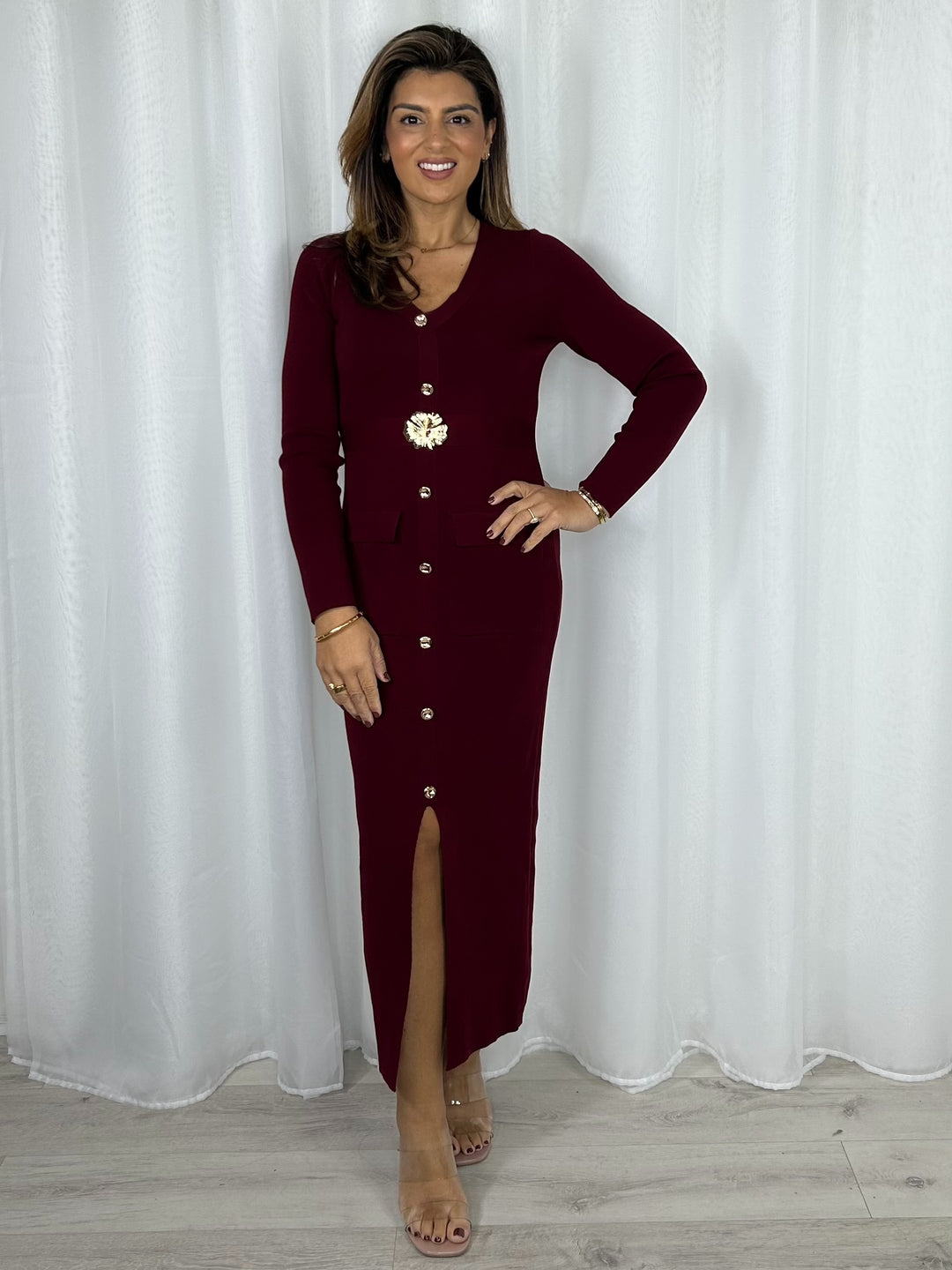 Soft Knit V-Neck Long Sleeve Gold Belted Maxi Dress (4 Colours)