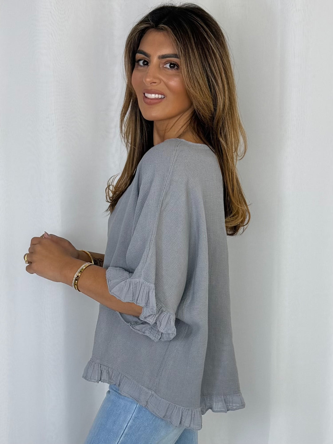 Frill Trim Batwing Top (10 Colours)