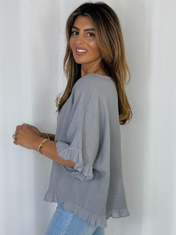 Frill Trim Batwing Top (10 Colours)