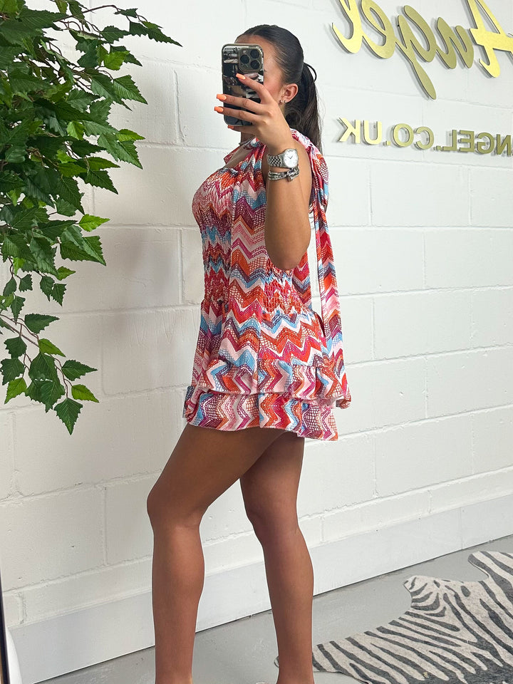 Zig Zag Bow Shoulder Frilly Playsuit