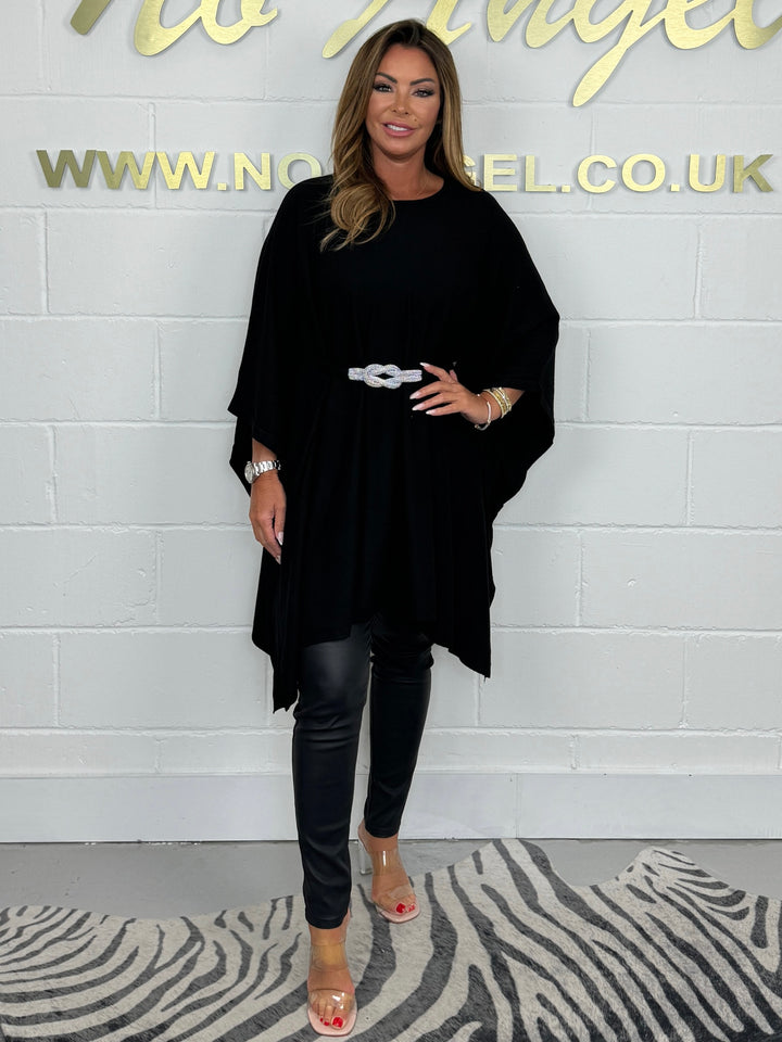 Black Soft Knit Diamante Knot Tie Belt Tunic Poncho
