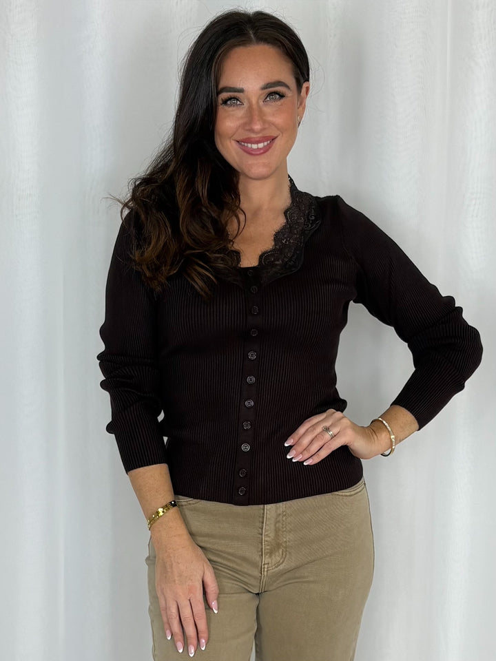 Lace Neck Trim Button Down Top (2 Colours)
