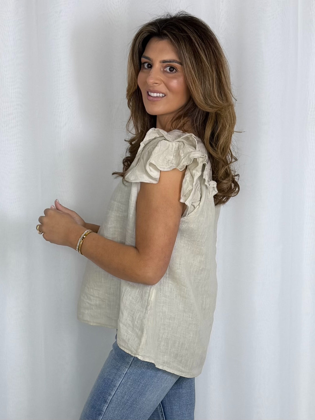 Linen V-Neck Frill Sleeve Top (8 Colours)