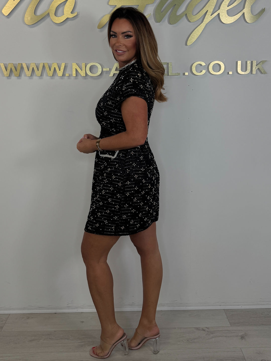 Black Flower Jewelled Detailing High Neck Short Sleeve Mini Dress
