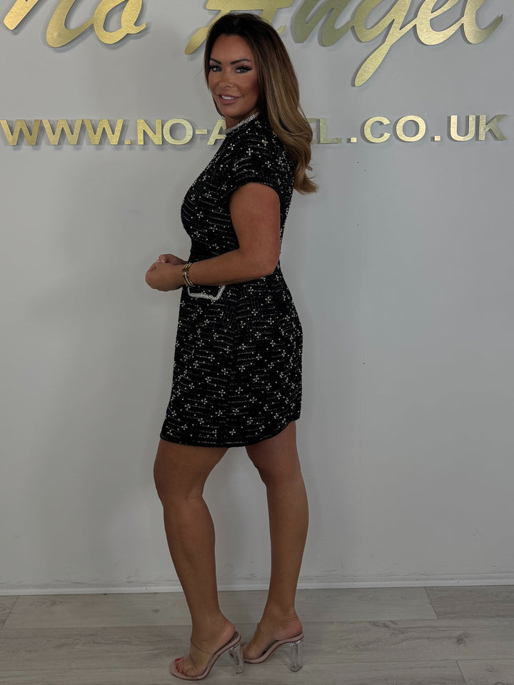 Black Flower Jewelled Detailing High Neck Short Sleeve Mini Dress