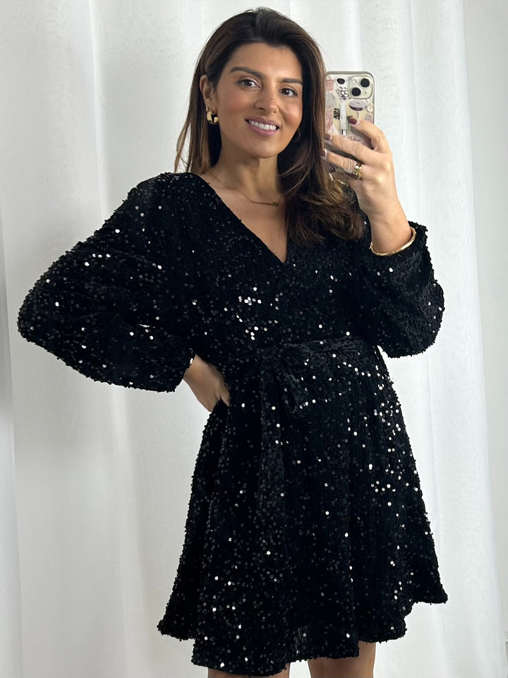 Black Sequin Belted V-Neck Dress