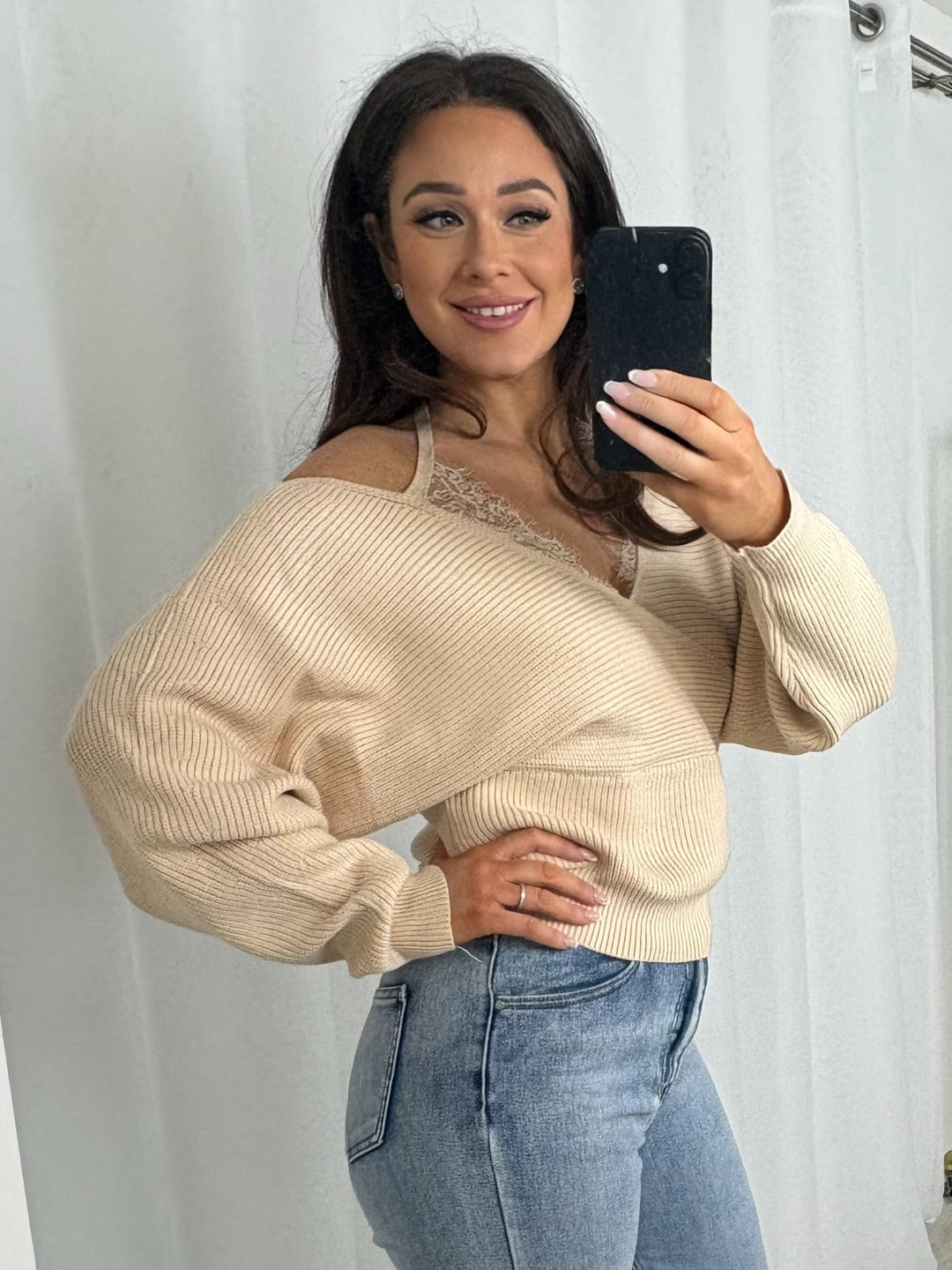 Beige Lace V-Neck Detailing Cross Over Ribbed Jumper