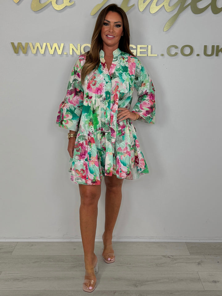 Multi Coloured Laser Cut V-Neck Button Up Swing Dress