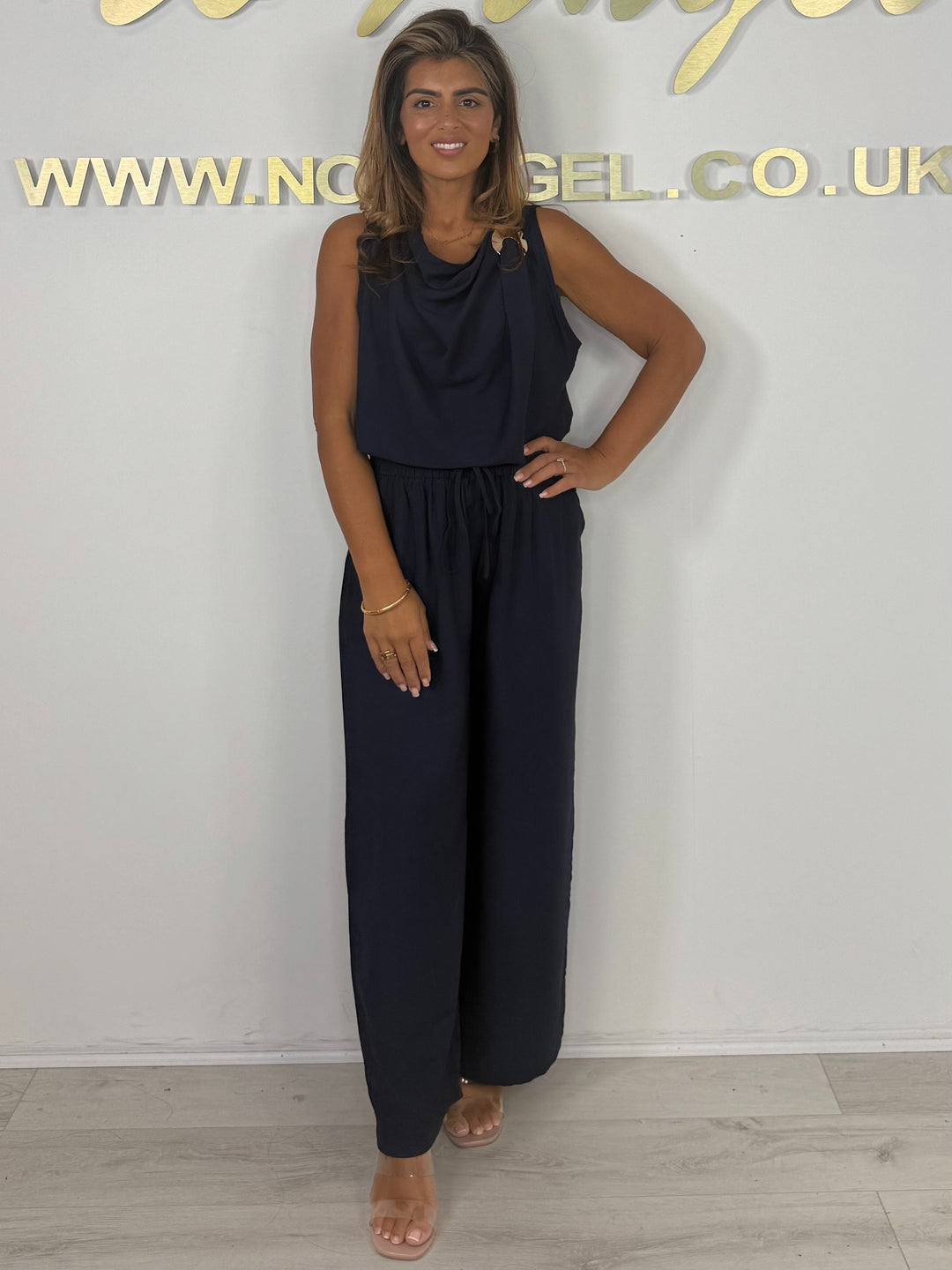 Cowl Neck Gold Disk Detail Elasticated Waist Trouser Co-ord (3 Colours)