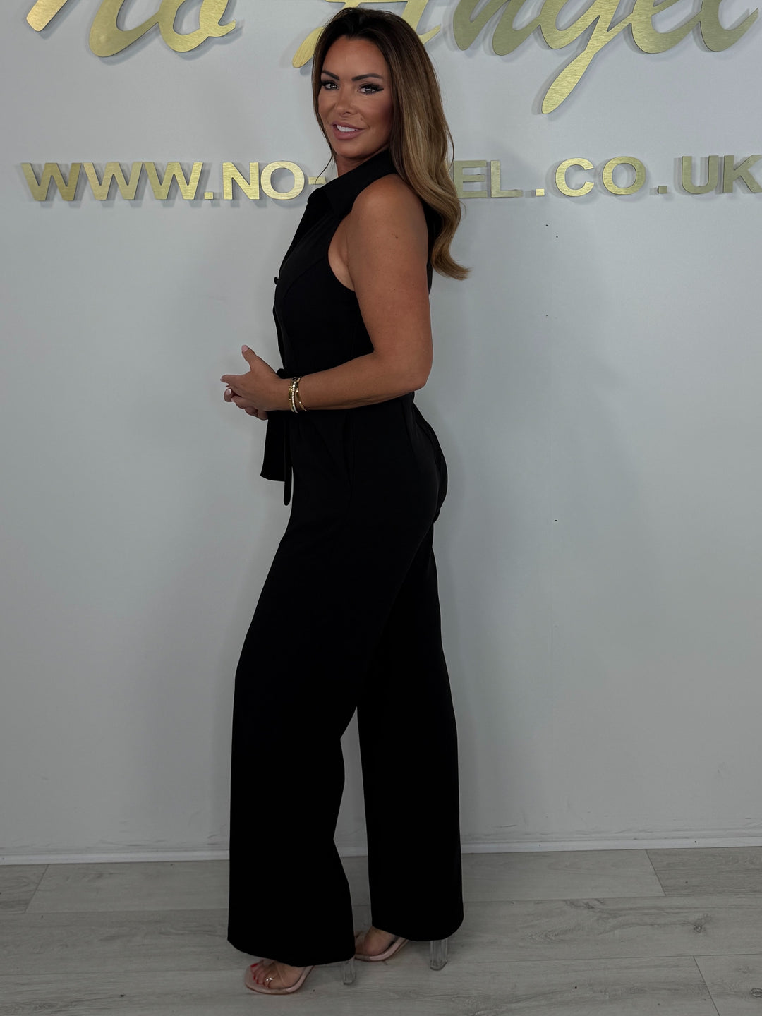 Black Sleeveless Collared Belted Jumpsuit