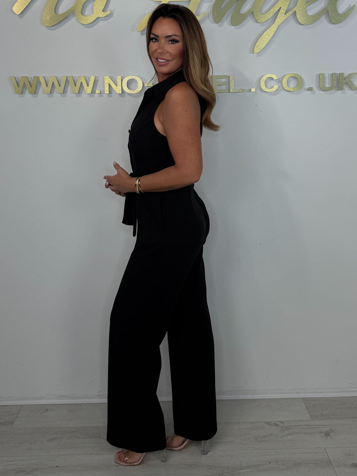 Black Sleeveless Collared Belted Jumpsuit