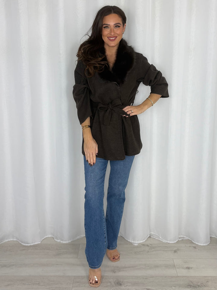 Faux Fur Collar Belted Wrap Cardigan