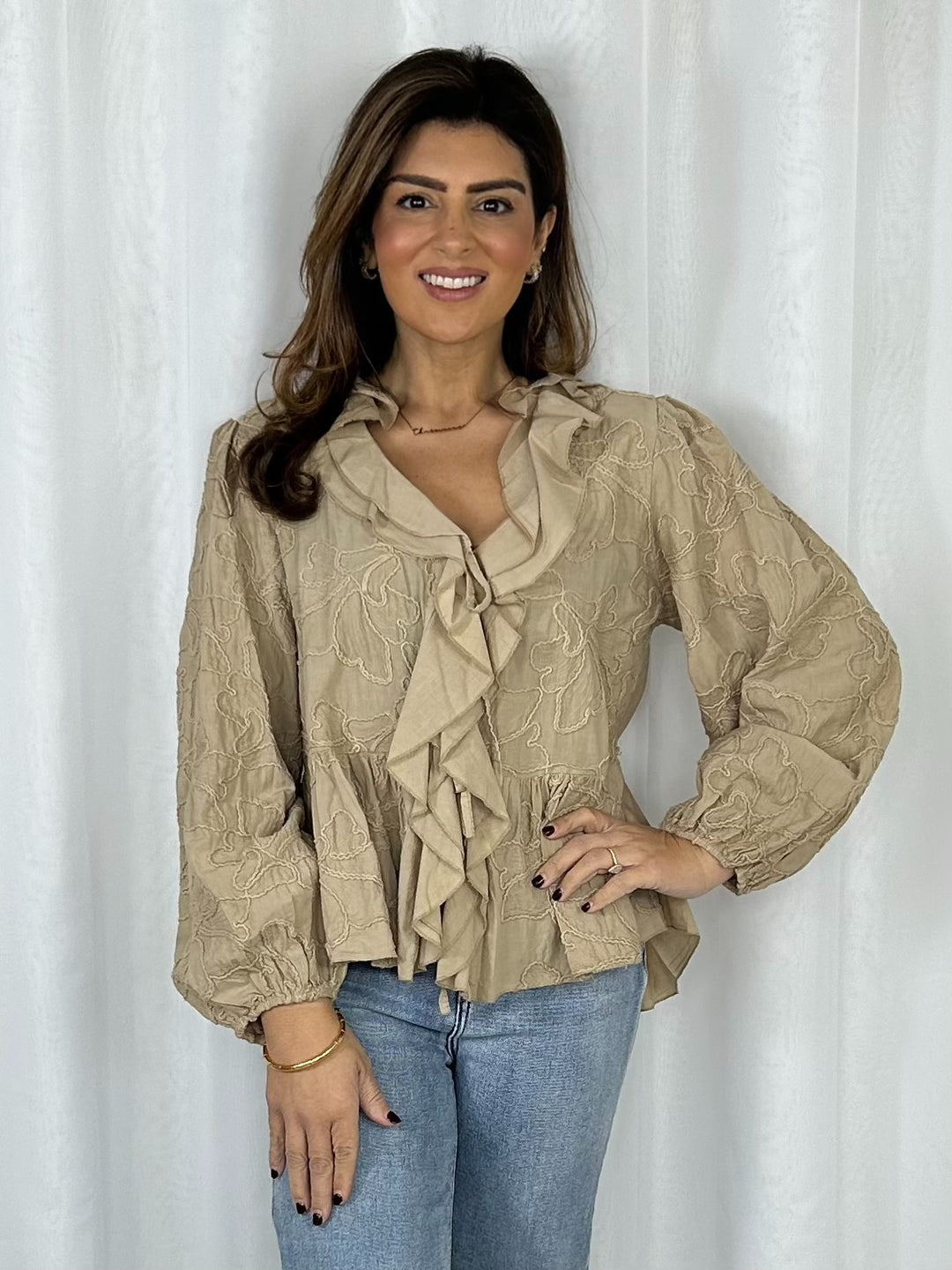 Balloon Sleeve Tie Front Ruffle Flower Print Shirt (4 Colours)