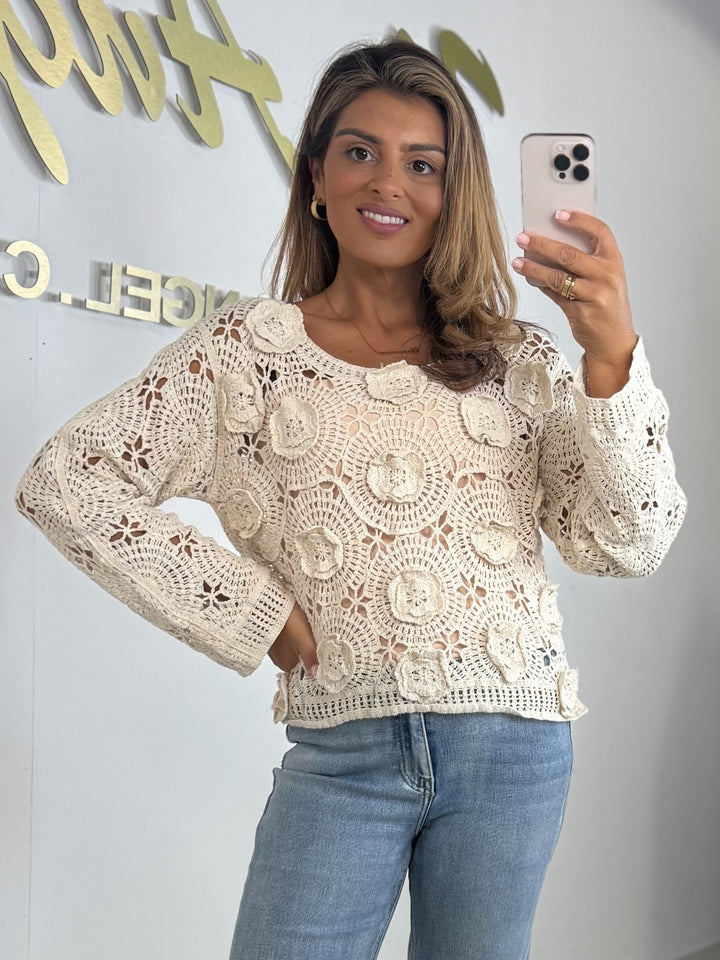 Beige Long Sleeve Crochet Scoop Neck Flower Detail Jumper