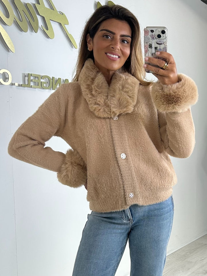 Faux Fur Collar & Sleeve Soft Diamante Button Cardigan (2 Colours)