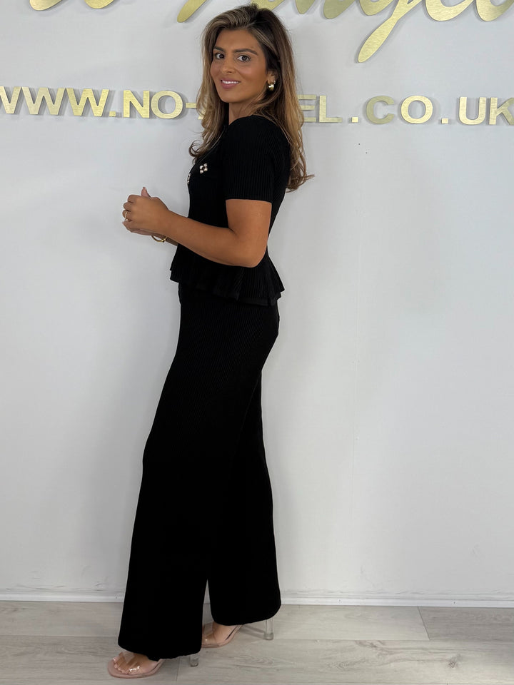 Ribbed V-Neck Pearl Trim Flower Pendant Peplum Top & Trouser Co-ord (2 Colours)