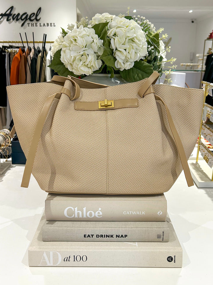 Beige Two Toned Gold Clasp Handbag