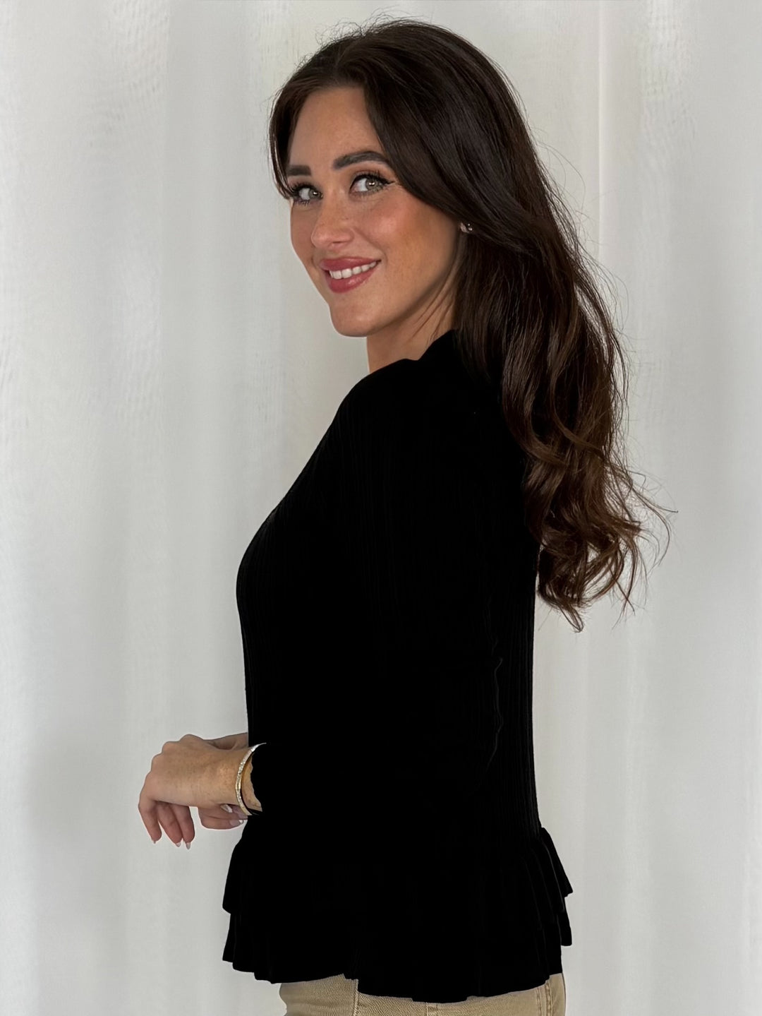 Ribbed Frill Trim Gold Button Top (3 Colours)