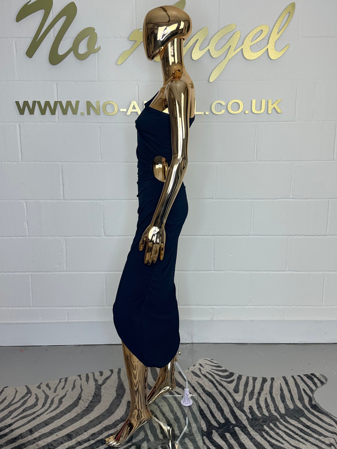 Navy One Shoulder Ruched Midi Dress