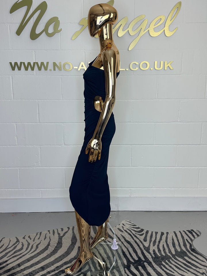 Navy One Shoulder Ruched Midi Dress