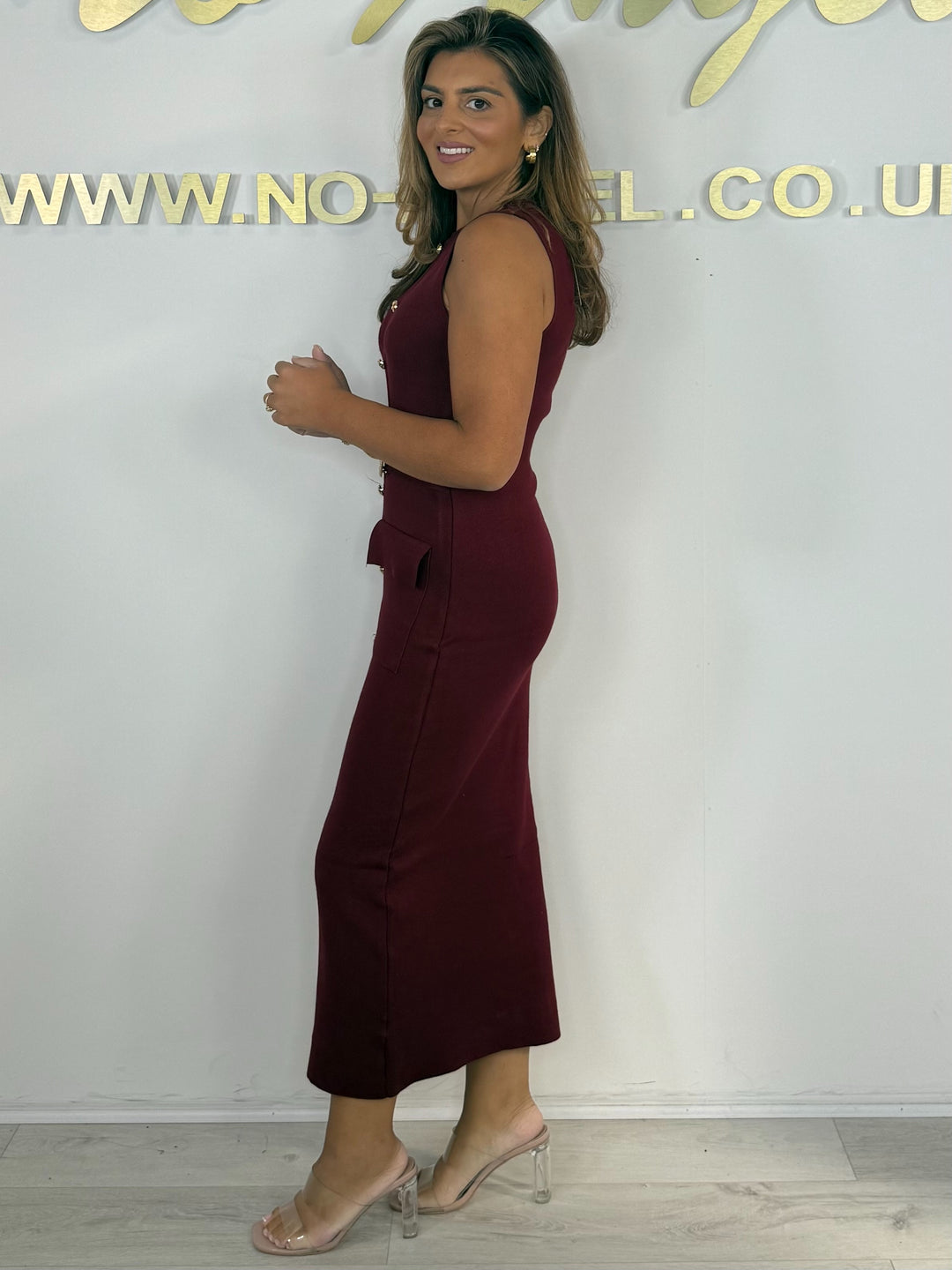 Soft Knit Sleeveless Gold Button Belted Split Front Midi Dress (5 Colours)