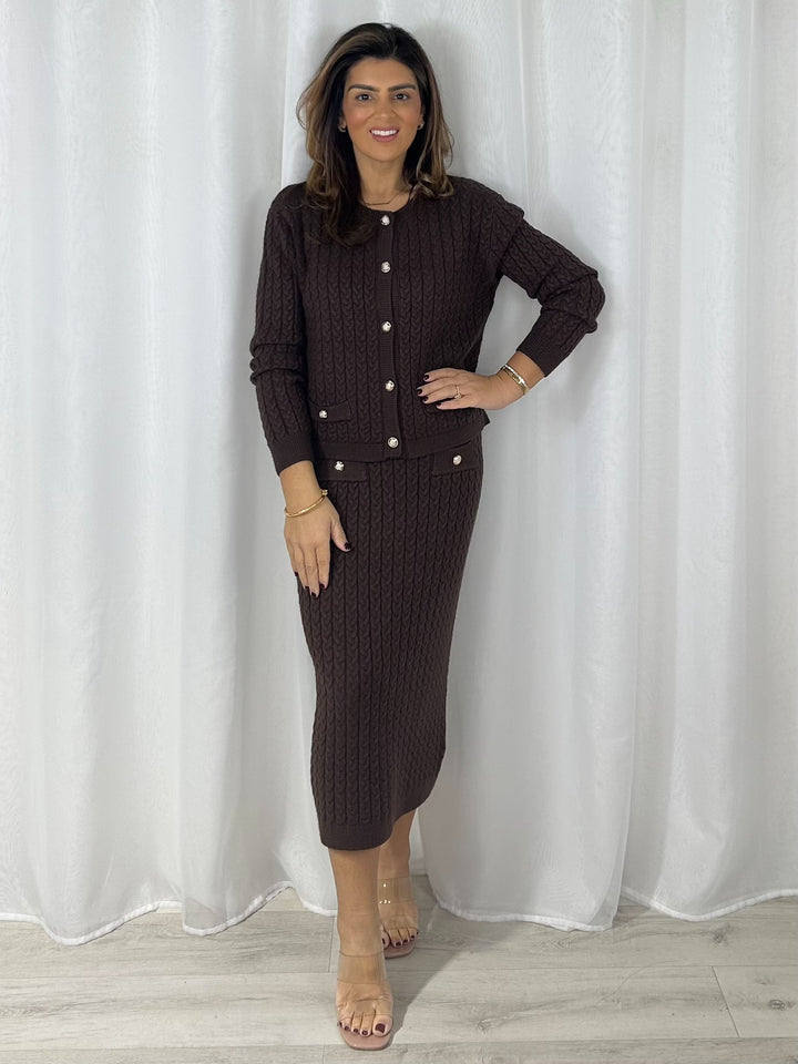 Cable Knit Gold Button Up Cardigan & Midi Skirt Co-Ord (4 Colours)