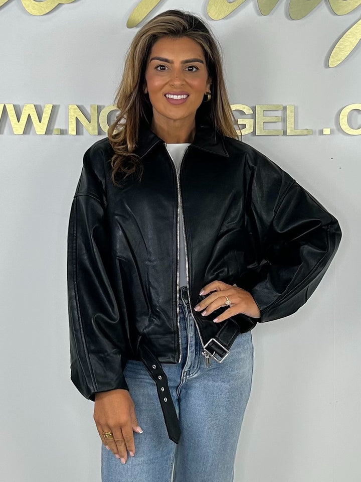 Faux Leather Belted Zip Up Jacket