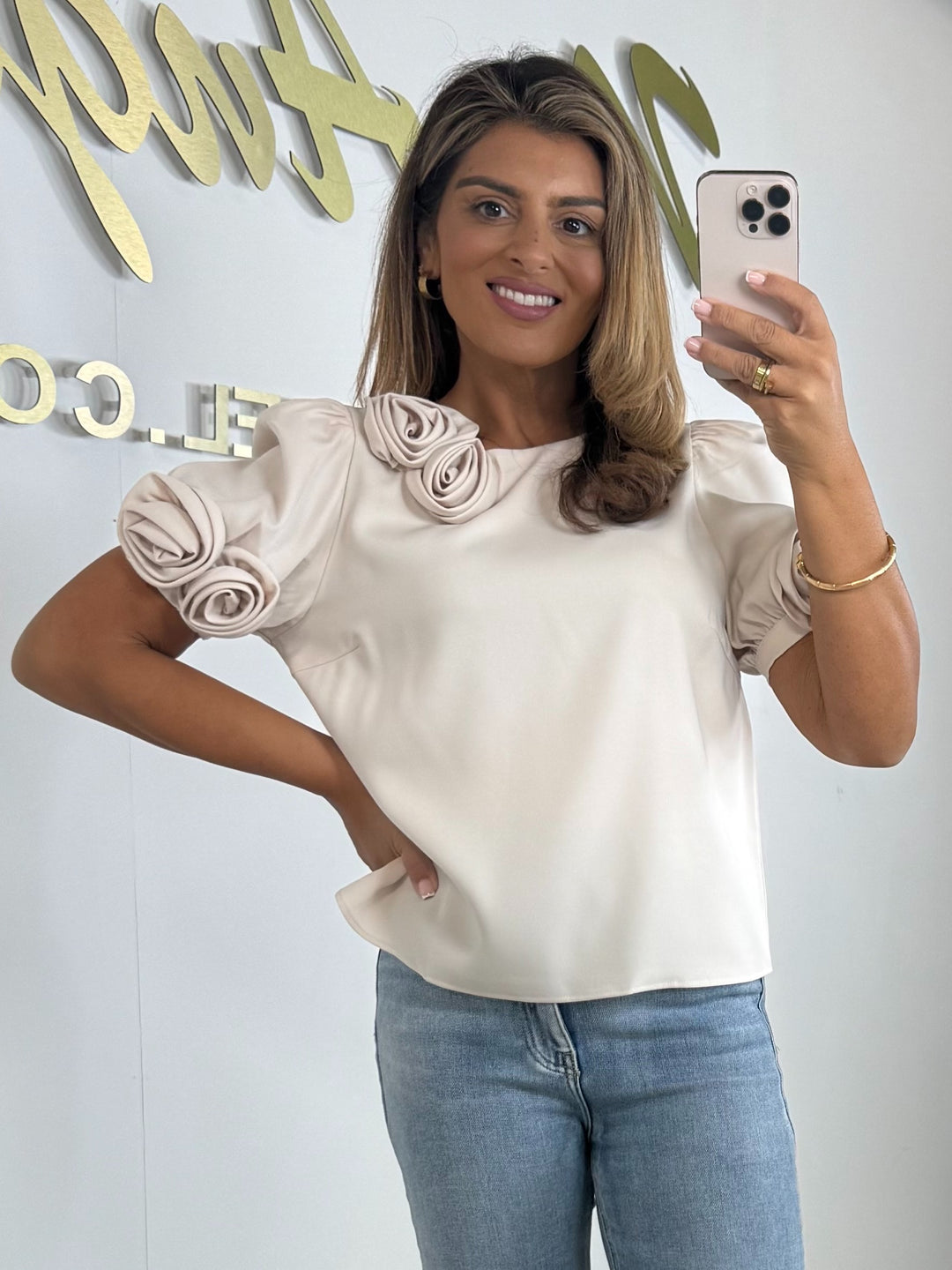 Beige Puff Sleeve 3D Rose Detail Top