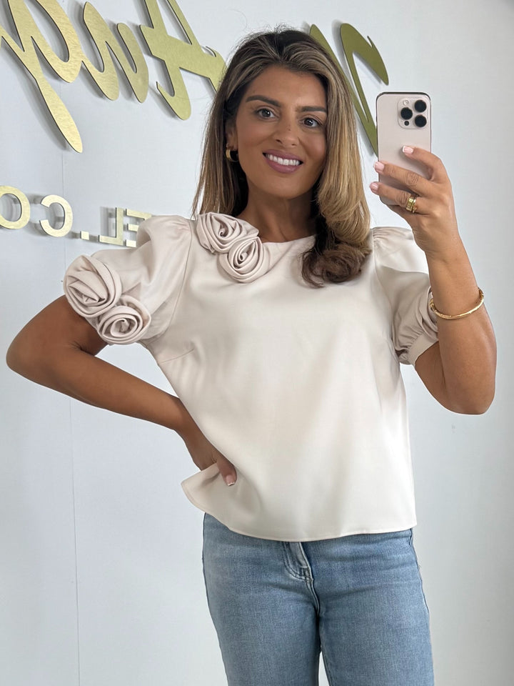 Beige Puff Sleeve 3D Rose Detail Top