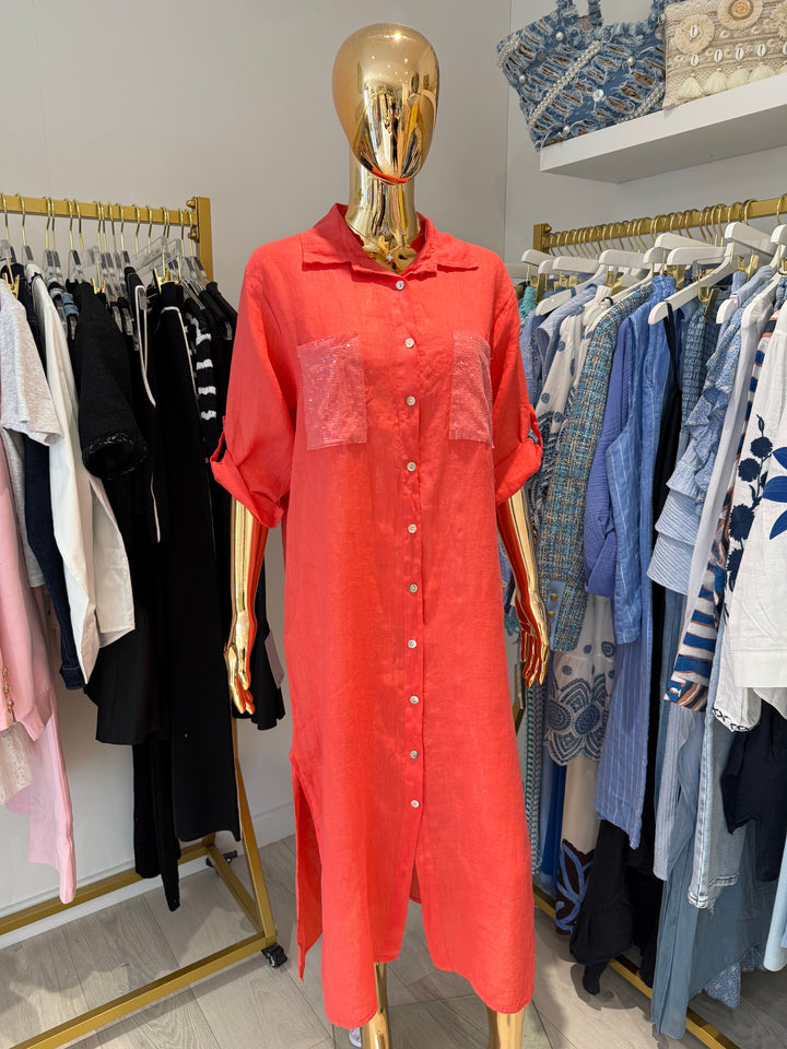 Sequin Pocket & Back Detail Linen Shirt Dress (5 Colours)