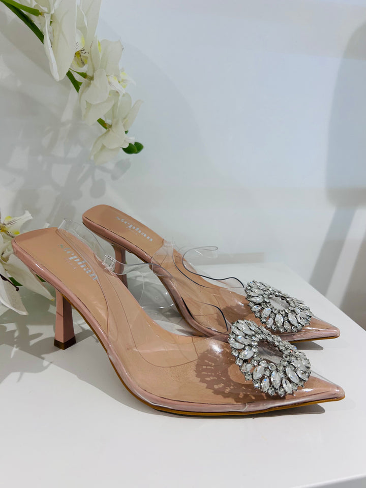 Pointed Clear Toe Nude Diamante Circle Heels