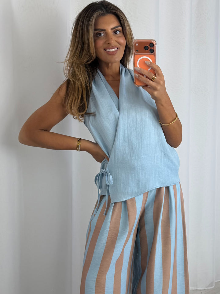 Striped Trouser And Wrap Around Top (5 Colours)
