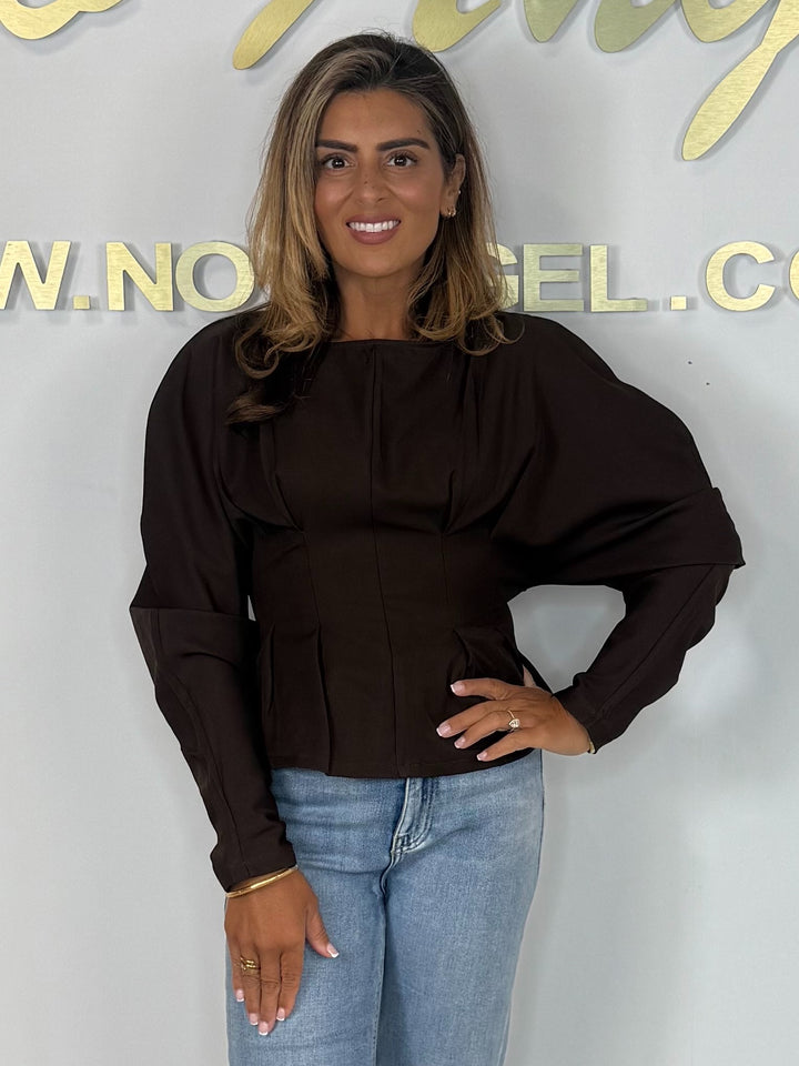 Brown Round Neck Balloon Sleeve Corset Look Top