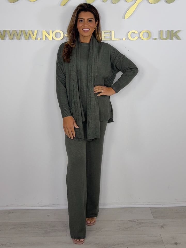 Soft Knit Cable Design Round Neck Top & Trouser Co-ord With Scarf (6 Colours)