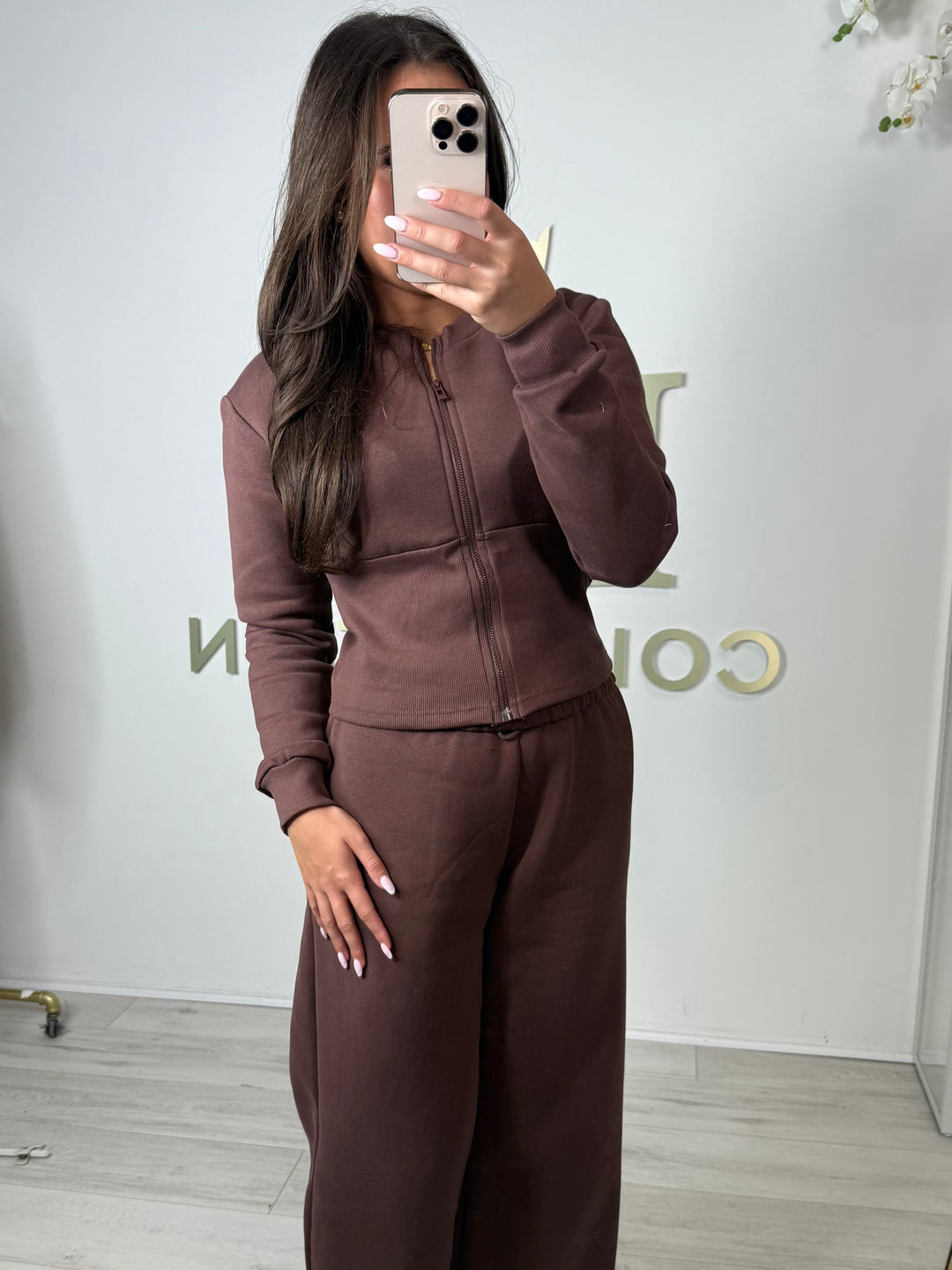 Brown Zip Up Corset Top & Straight Leg Trouser Co-ord (Larger Version)