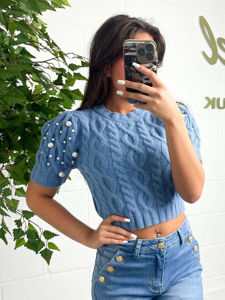 Knitted Puff Sleeve Pearl Detail Cropped Jumper ( 2 colours )