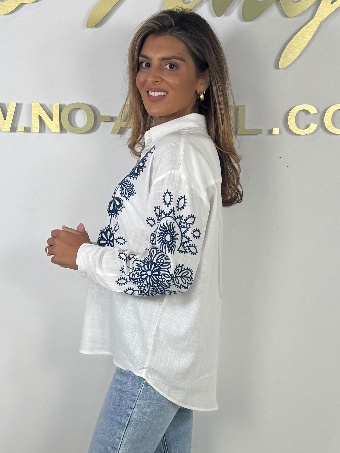 White Navy Flower Embroidered Linen Button Up Shirt