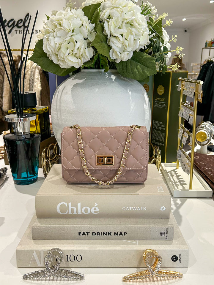 Genuine Leather Quilted Turn Lock Chain Handle Handbag (8 Colours)