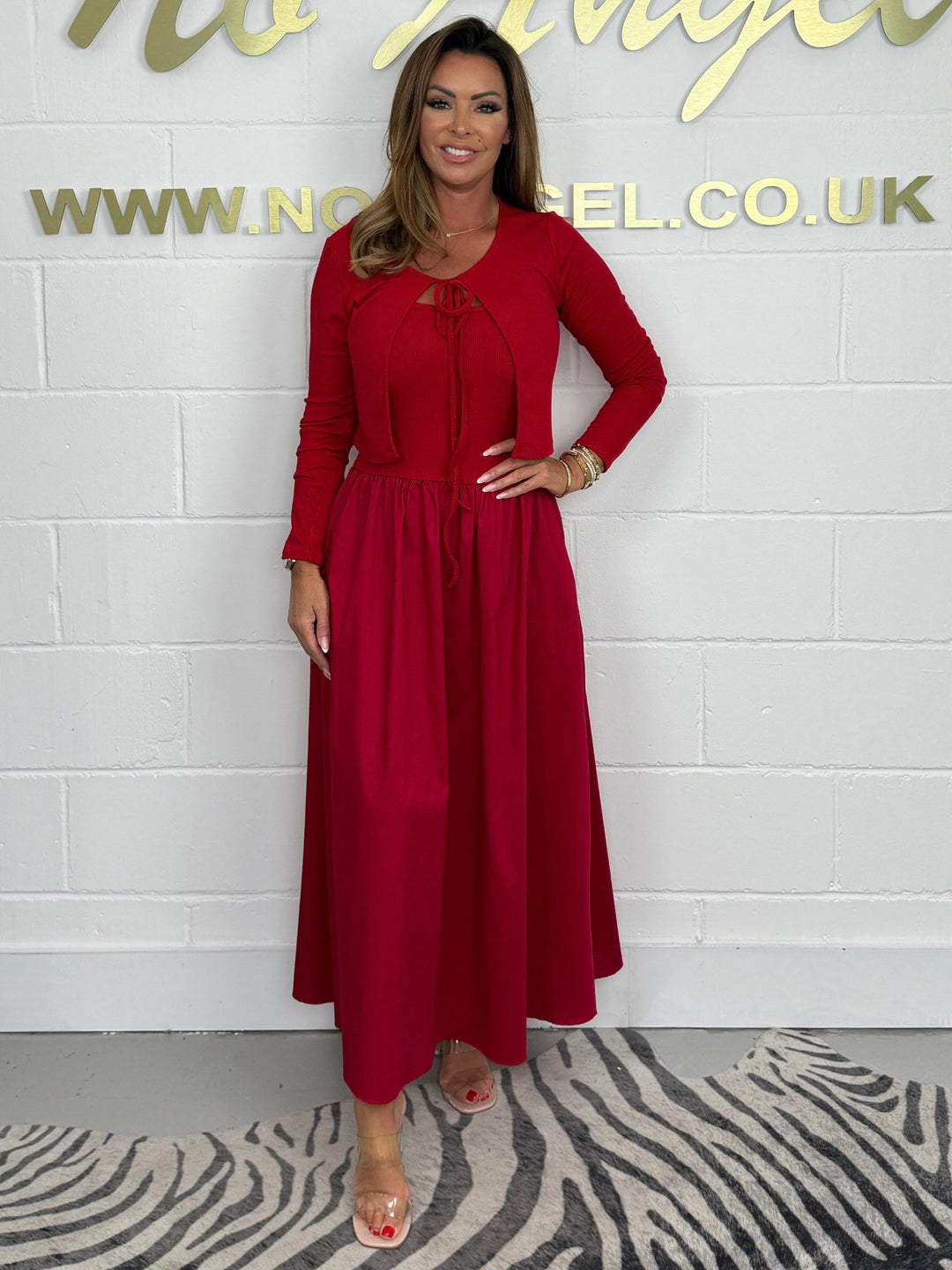 Flared T-Shirt Midi Dress With Matching Tie Up Cropped Cardigan (4 Colours)
