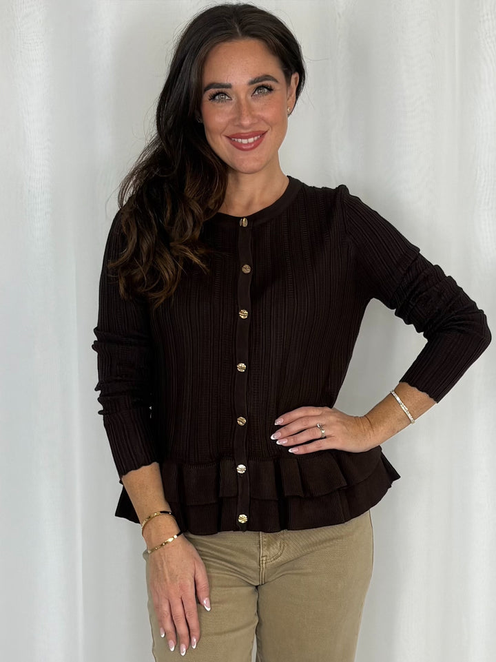 Ribbed Frill Trim Gold Button Top (3 Colours)