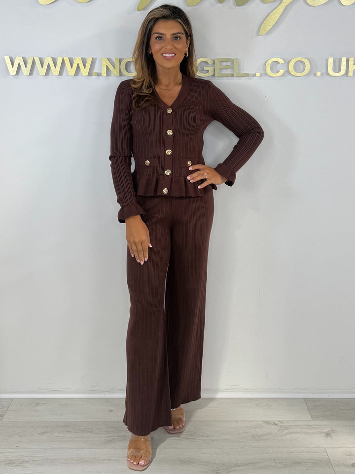 Ribbed V-Neck Gold Button Frill Bottom Cardigan & Trouser Co-Ord (3 Colours)