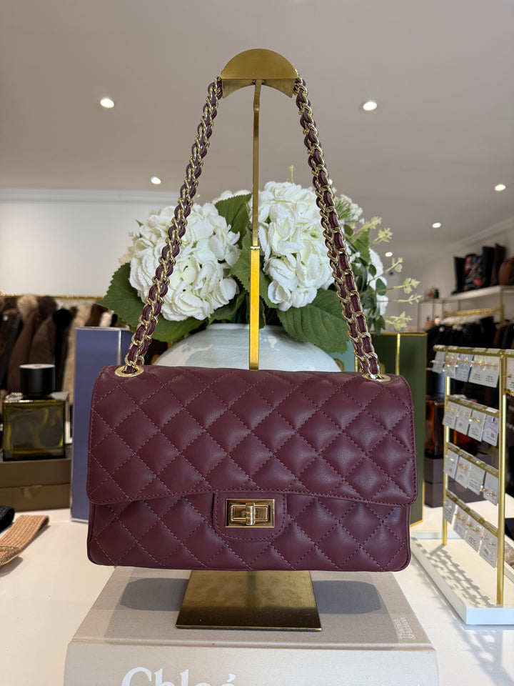 Large Genuine Leather Quilted Turn Lock Chain Handle Handbag (2 Colours)