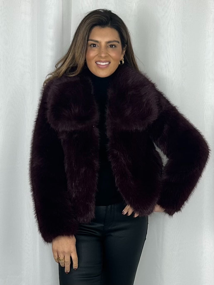 Burgundy Cropped Faux Fur Jacket