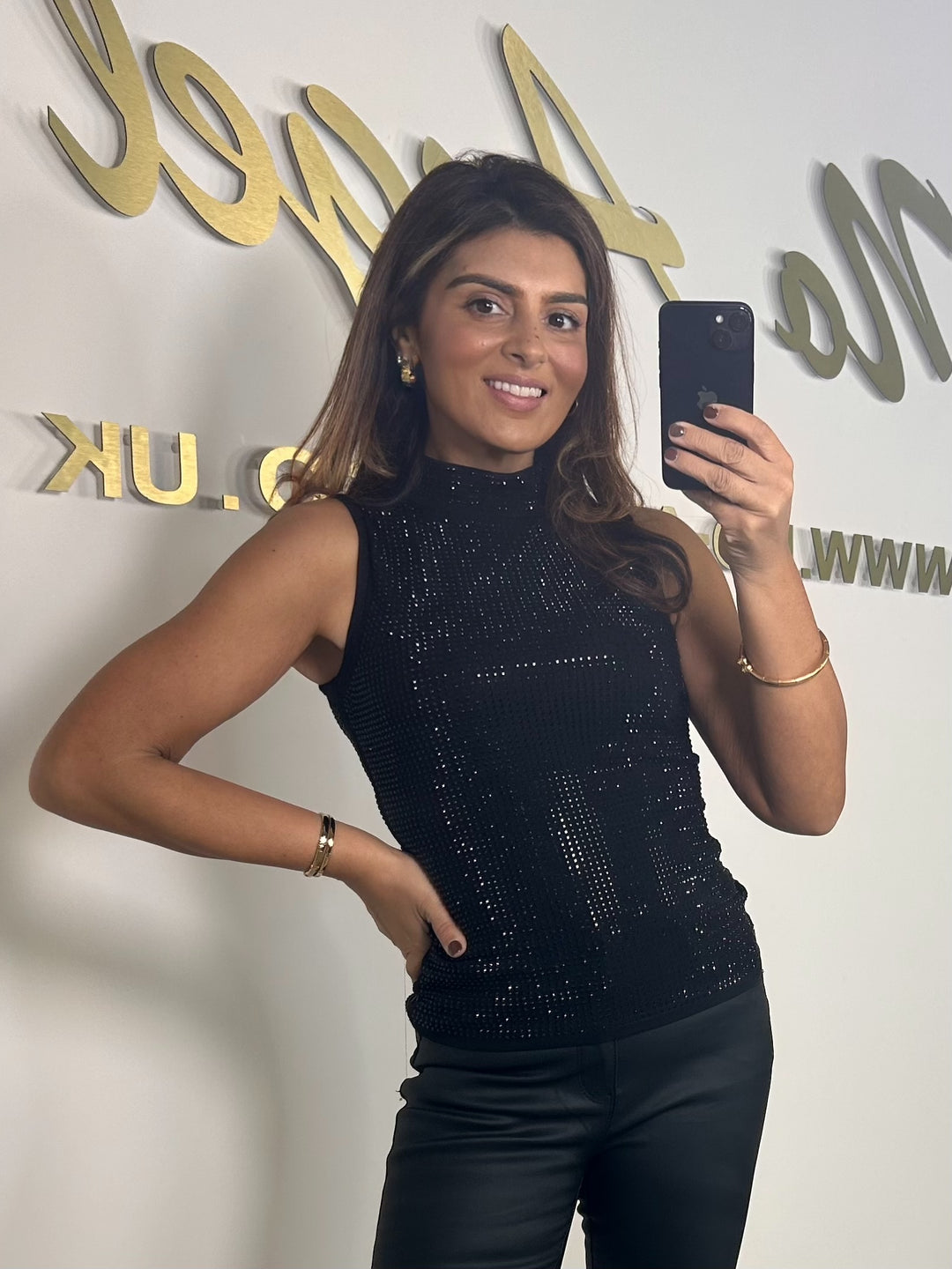 Black Studded High Neck Sleeveless Vest Top