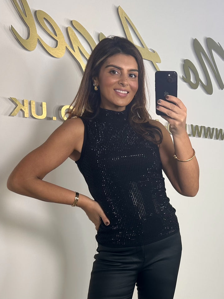 Black Studded High Neck Sleeveless Vest Top