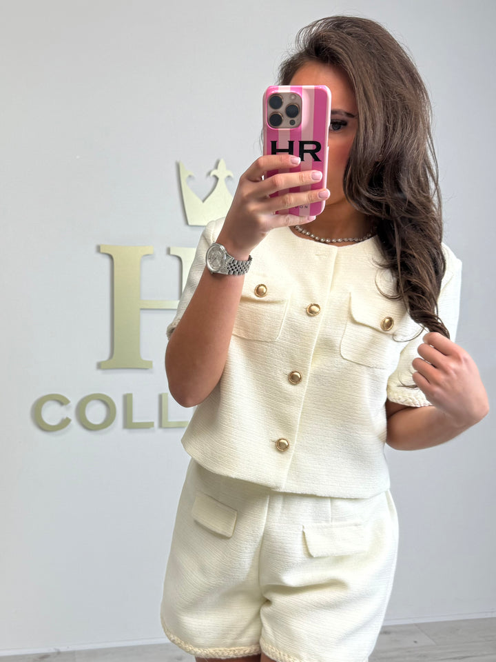 Shimmer Tweed Plaited Trim Gold Button Shorts Co-ord (2 Colours)